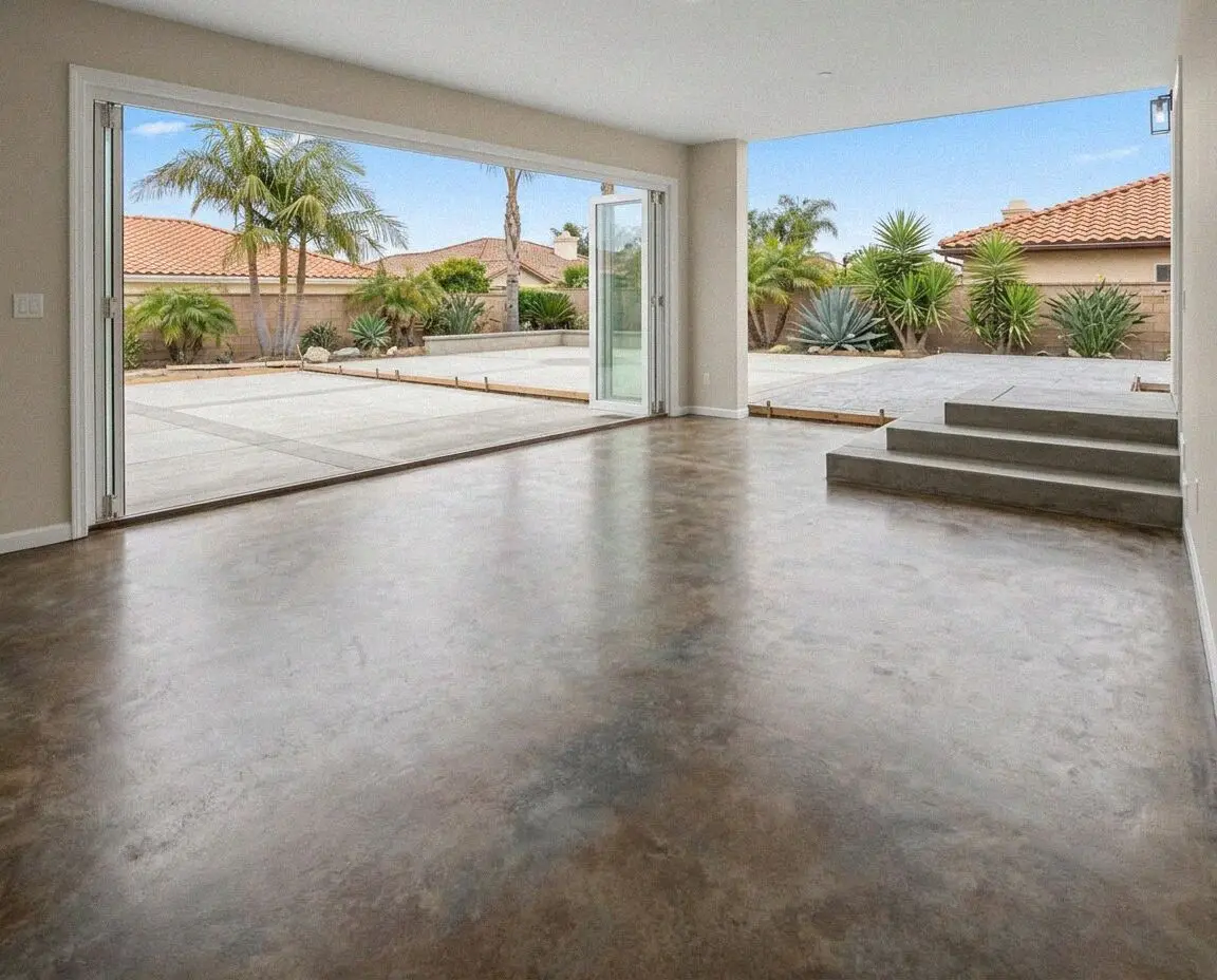 Polished concrete floor inside a converted garage in Huntington Beach