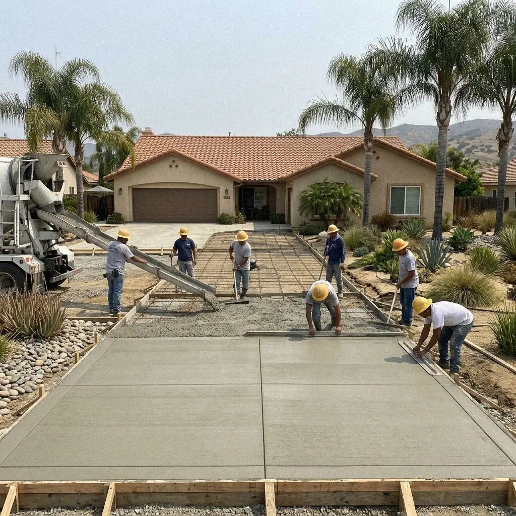 Crew screeding a fresh patio slab behind a Huntington Beach house