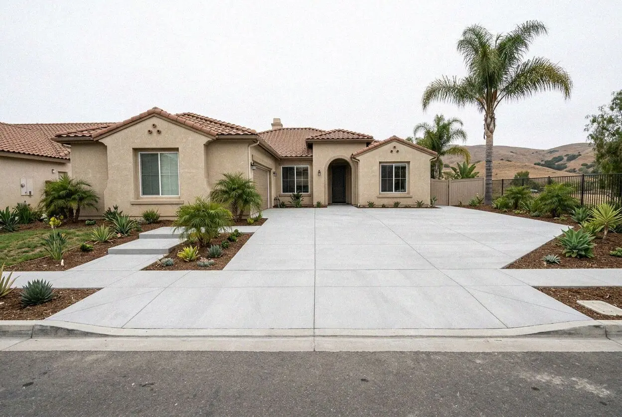 New broom-finished concrete driveway at a single-story Huntington Beach home
