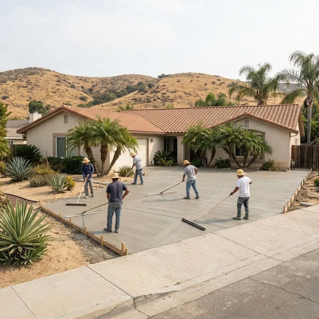 Crew compacting a sand base for a patio in Huntington Beach