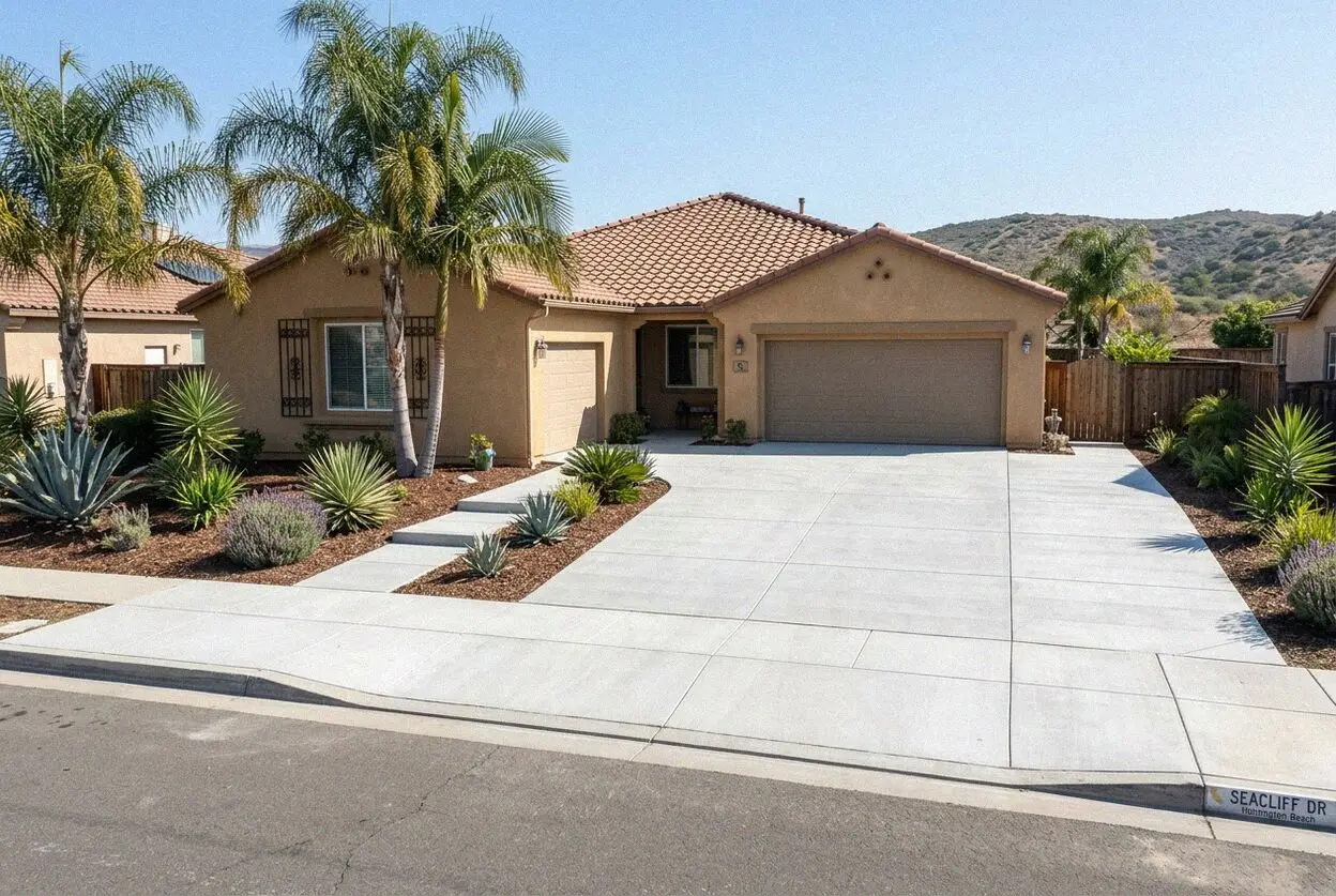Sawn-joint concrete driveway replaced at a Seacliff home, Huntington Beach