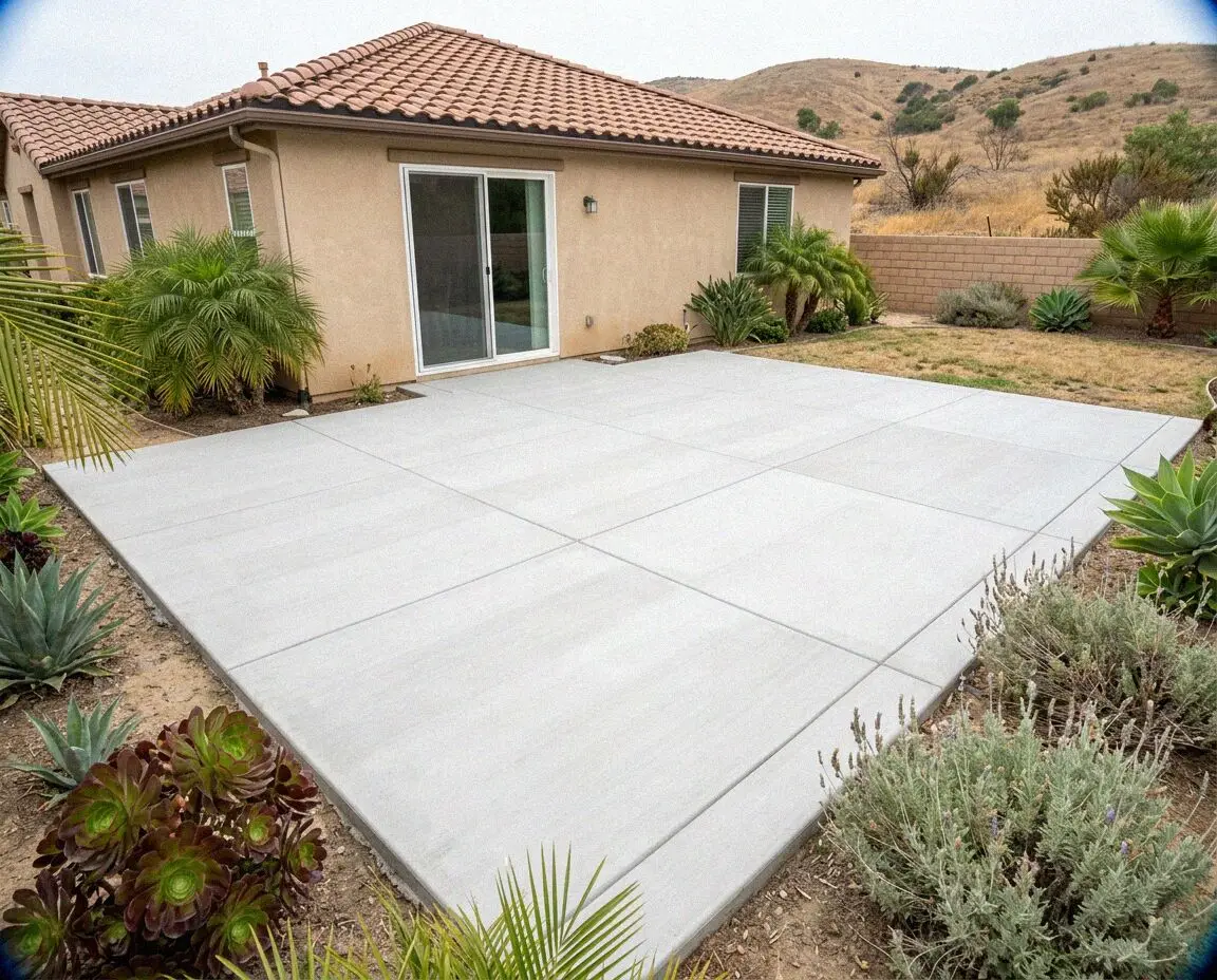 Newly poured concrete patio behind a Huntington Beach tract home