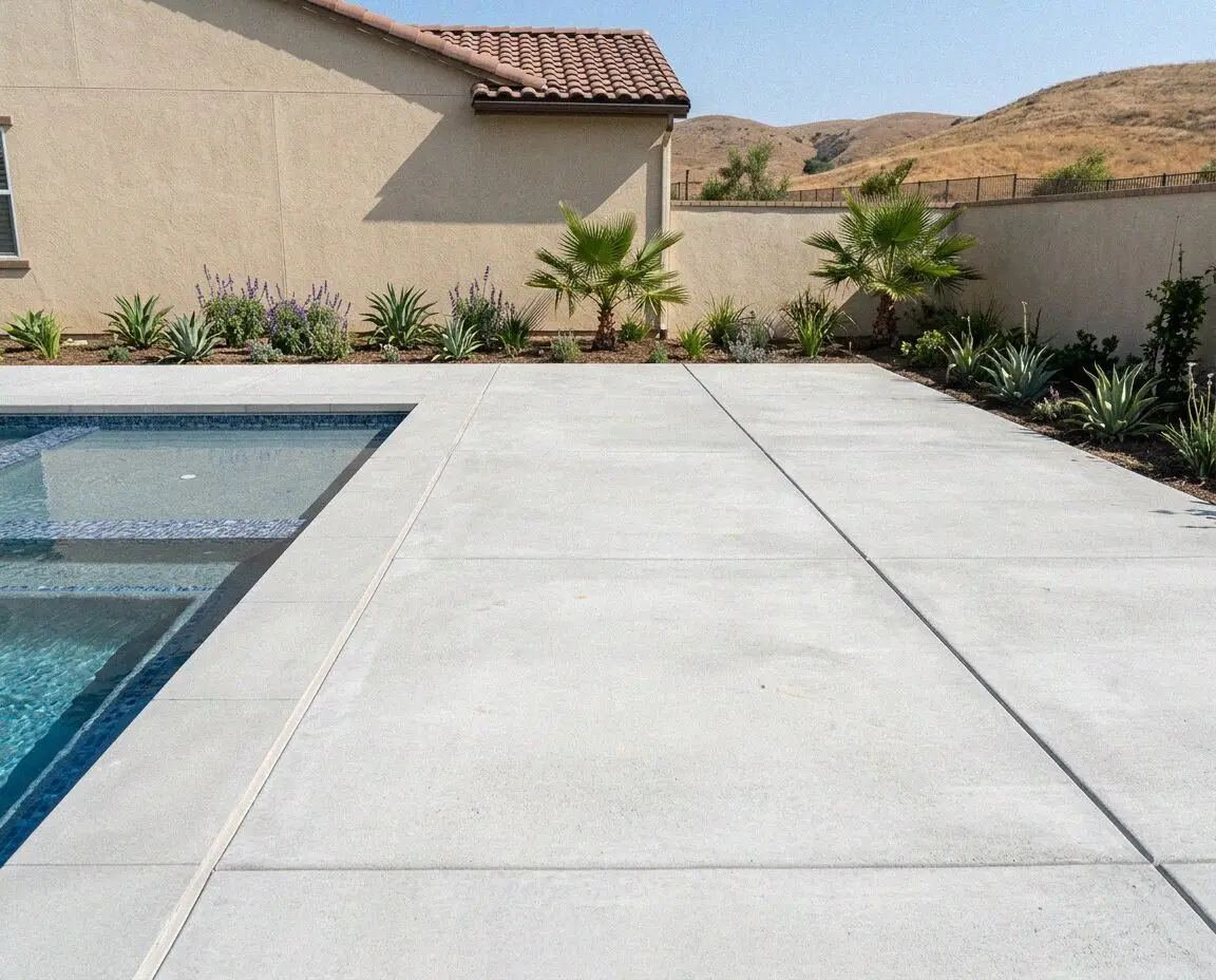 Broom-finished concrete pool deck wrapping a Huntington Beach pool