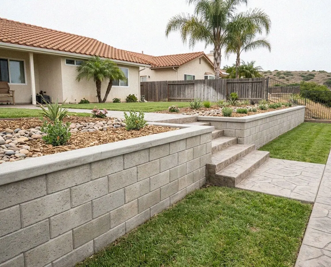 Poured concrete retaining wall holding a raised lawn in Huntington Beach