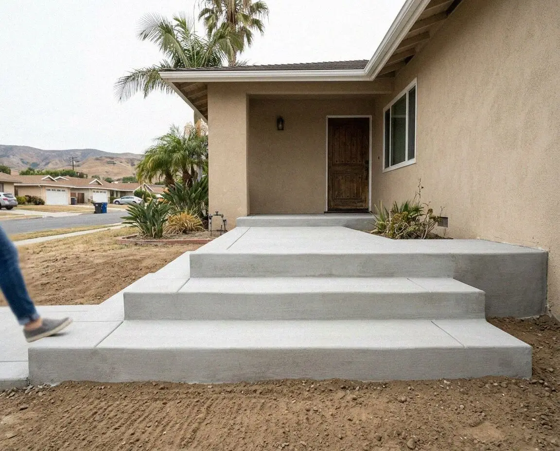 Newly cast concrete entry steps with a rail at a Huntington Beach home