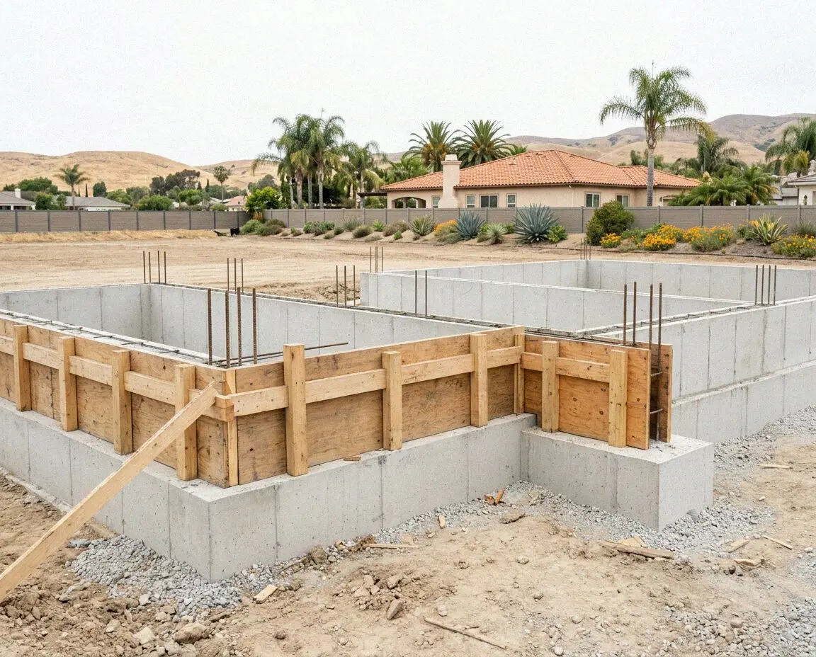 Poured foundation walls with rebar standing on a Huntington Beach lot
