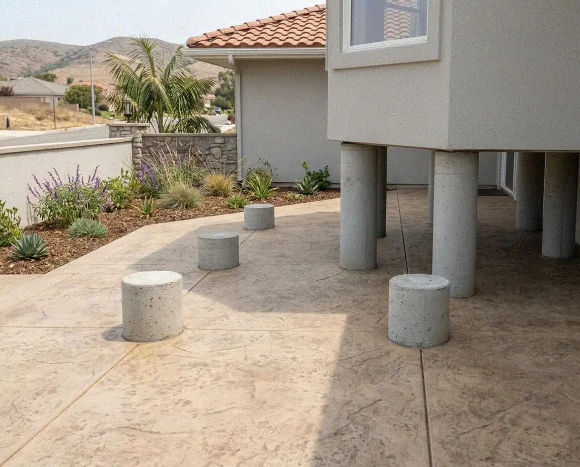 House corner carried on steel piers over dug-out sand, Huntington Beach