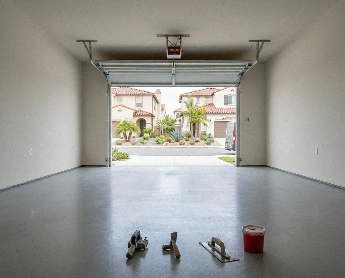 Sealed gray concrete floor inside an empty Huntington Beach garage