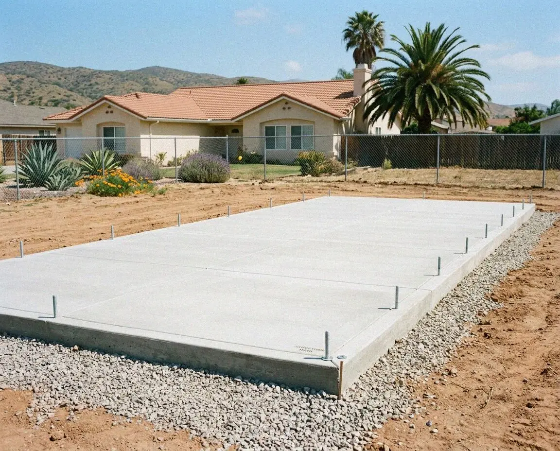 Finished slab foundation with anchor bolts on a Huntington Beach lot