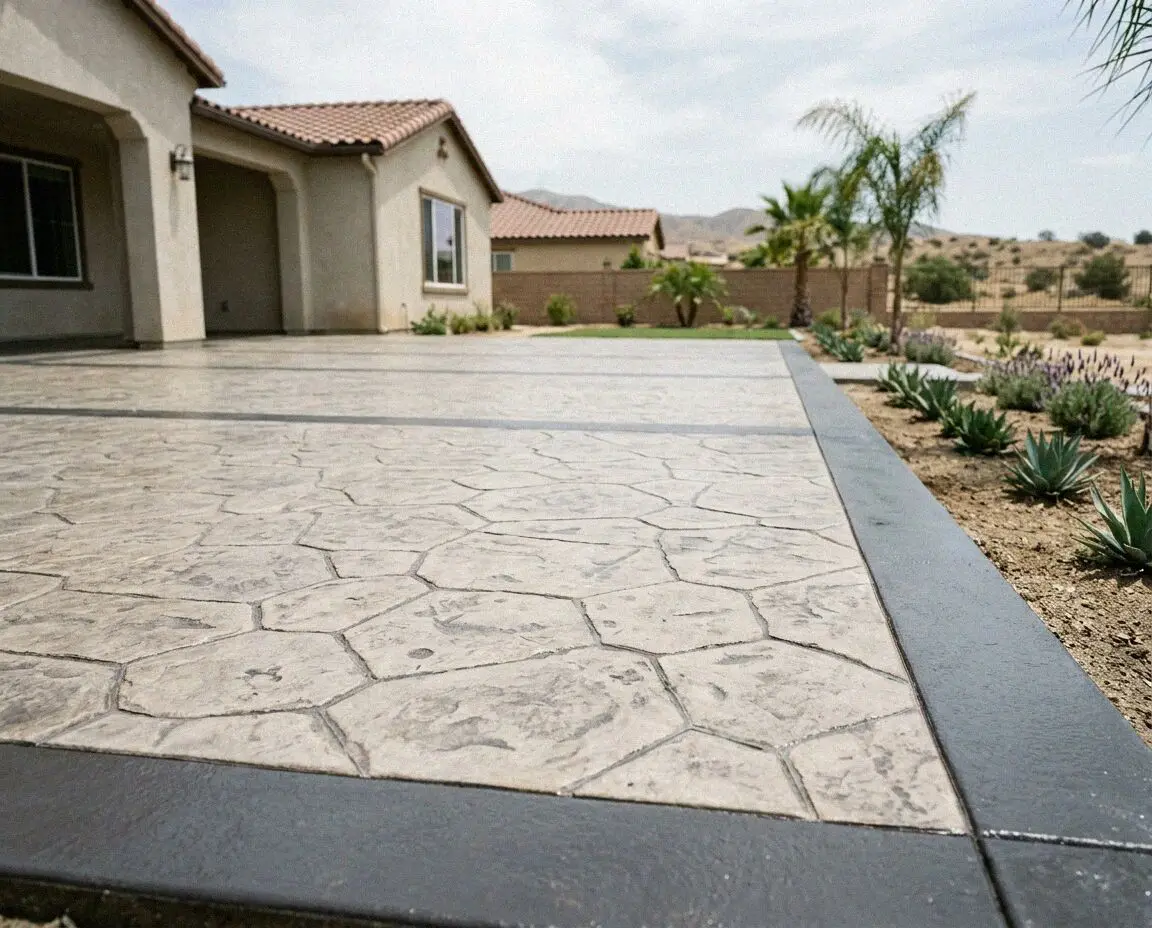 Stamped concrete pool deck in a slate pattern at a Huntington Beach home
